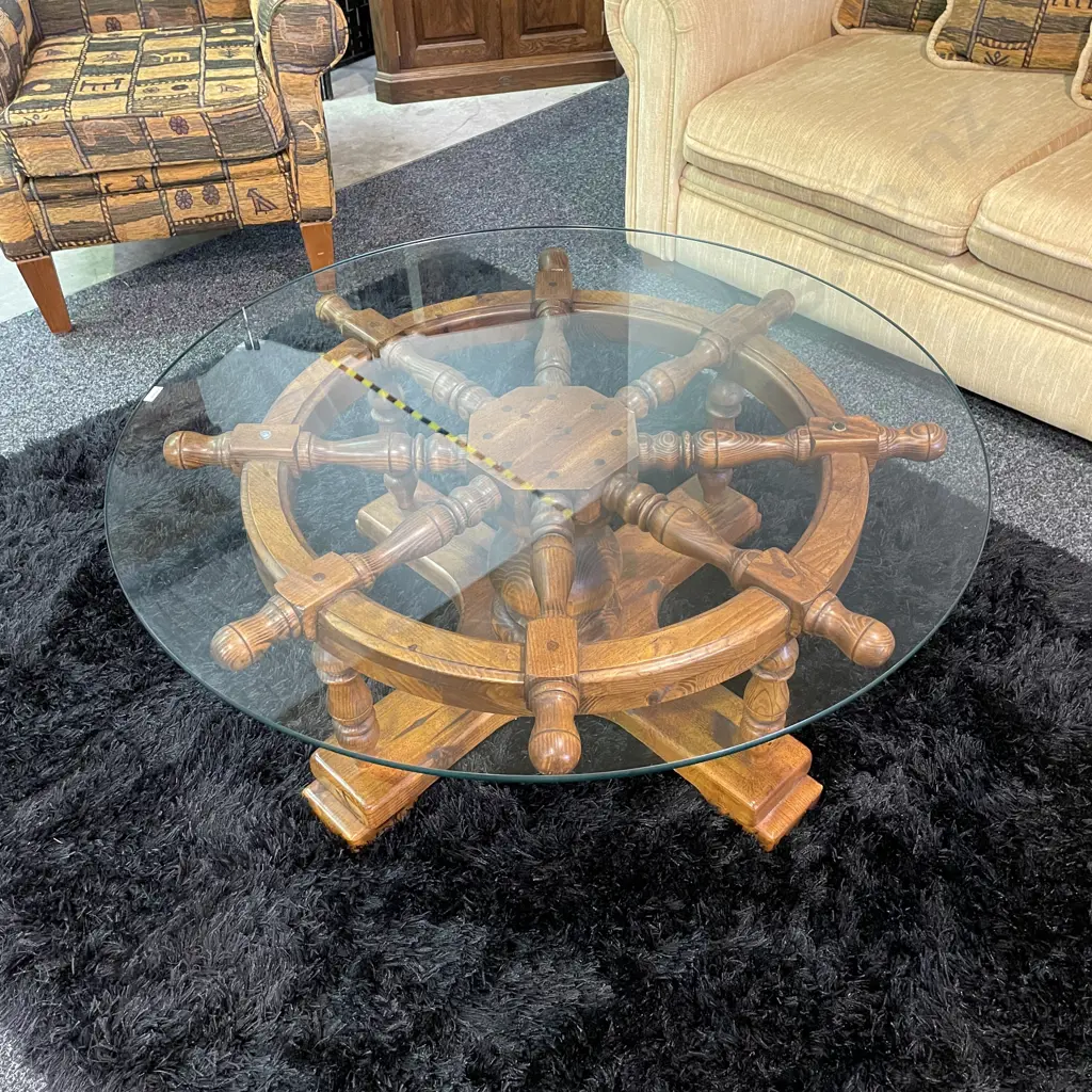 Funky Vintage Solid Wood Ships Wheel Coffee Table with Glass Top. Dia 106cm H43cm Image 1++
