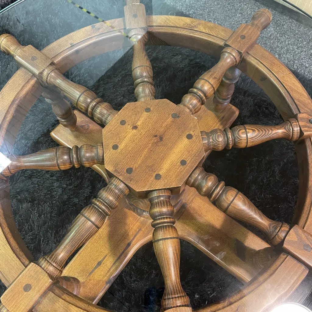 Funky Vintage Solid Wood Ships Wheel Coffee Table with Glass Top. Dia 106cm H43cm Image 1++