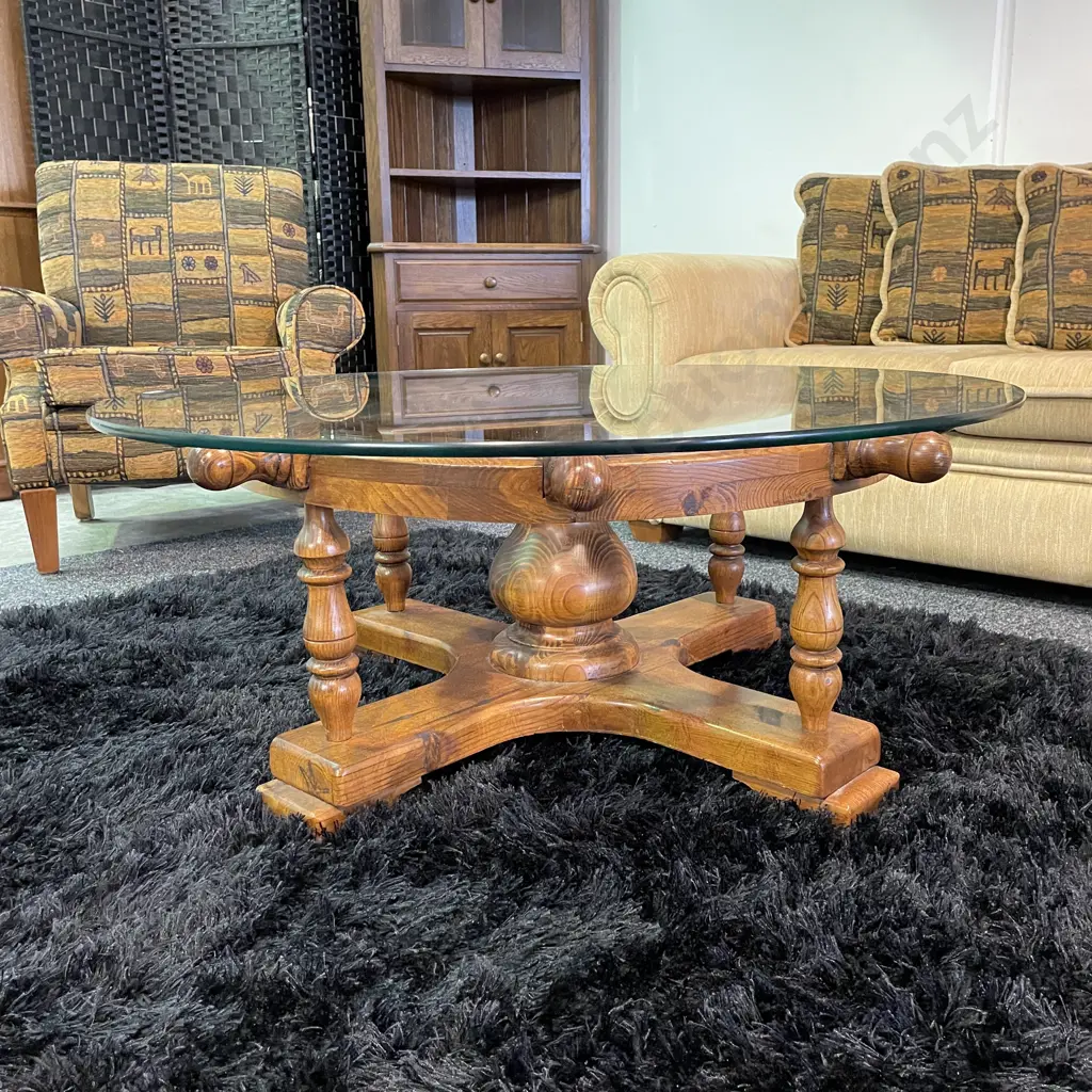 Funky Vintage Solid Wood Ships Wheel Coffee Table with Glass Top. Dia 106cm H43cm Image 1++