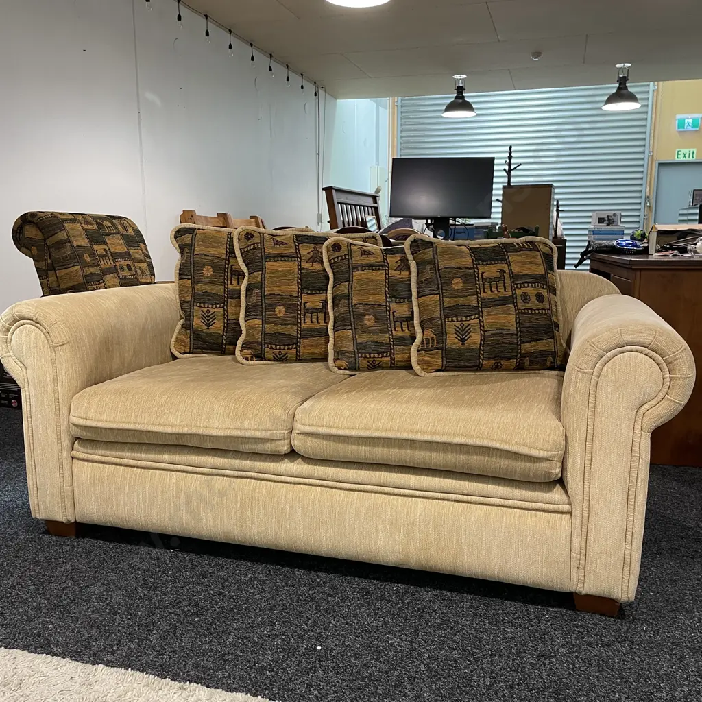 Modernist 2 Seater Couch. Rolled arms. Caramel fabric. Excellent condition. 1.7m long, D90cm H72cm Image 1++