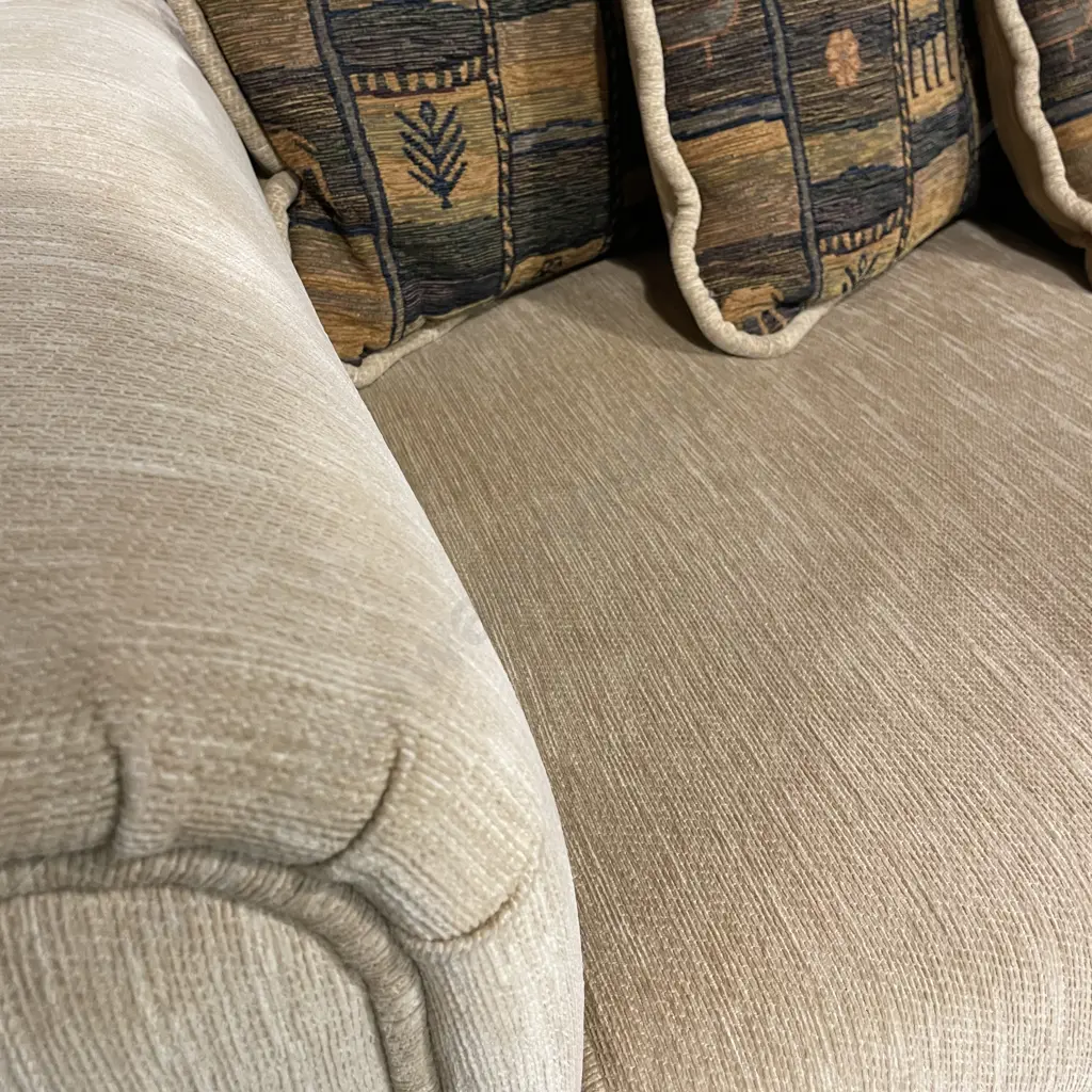 Modernist 2 Seater Couch. Rolled arms. Caramel fabric. Excellent condition. 1.7m long, D90cm H72cm Image 1++