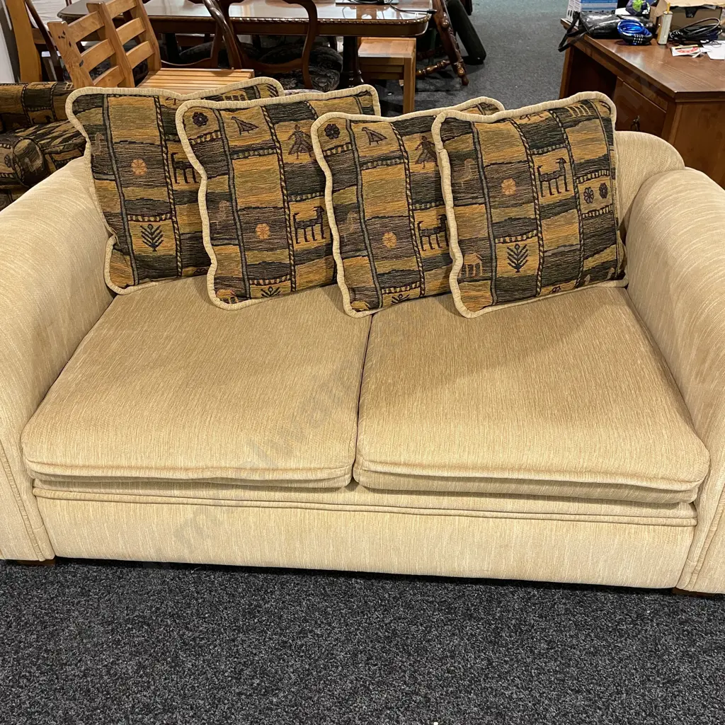 Modernist 2 Seater Couch. Rolled arms. Caramel fabric. Excellent condition. 1.7m long, D90cm H72cm Image 1++