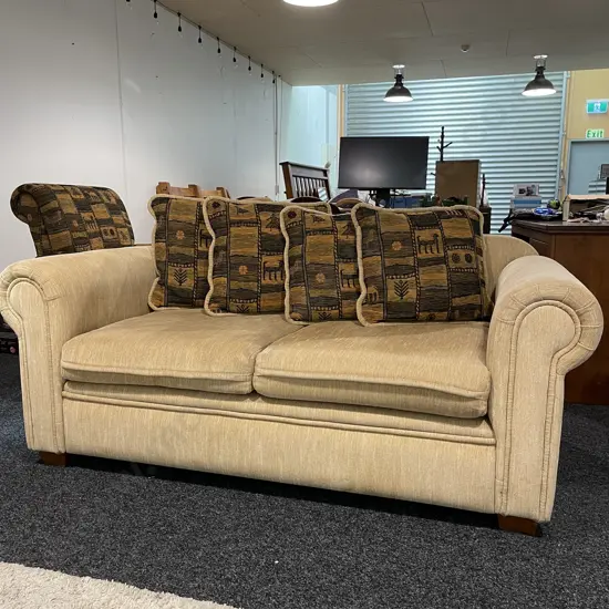 Modernist 2 Seater Couch. Rolled arms. Caramel fabric. Excellent condition. 1.7m long, D90cm H72cm