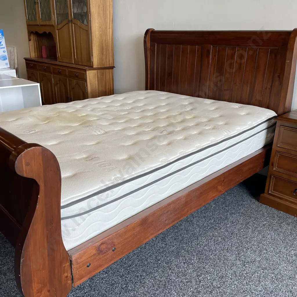 Solid Wood Queen Slat Base Sleigh Bed. Comes with King Coil Mattress Image 1++