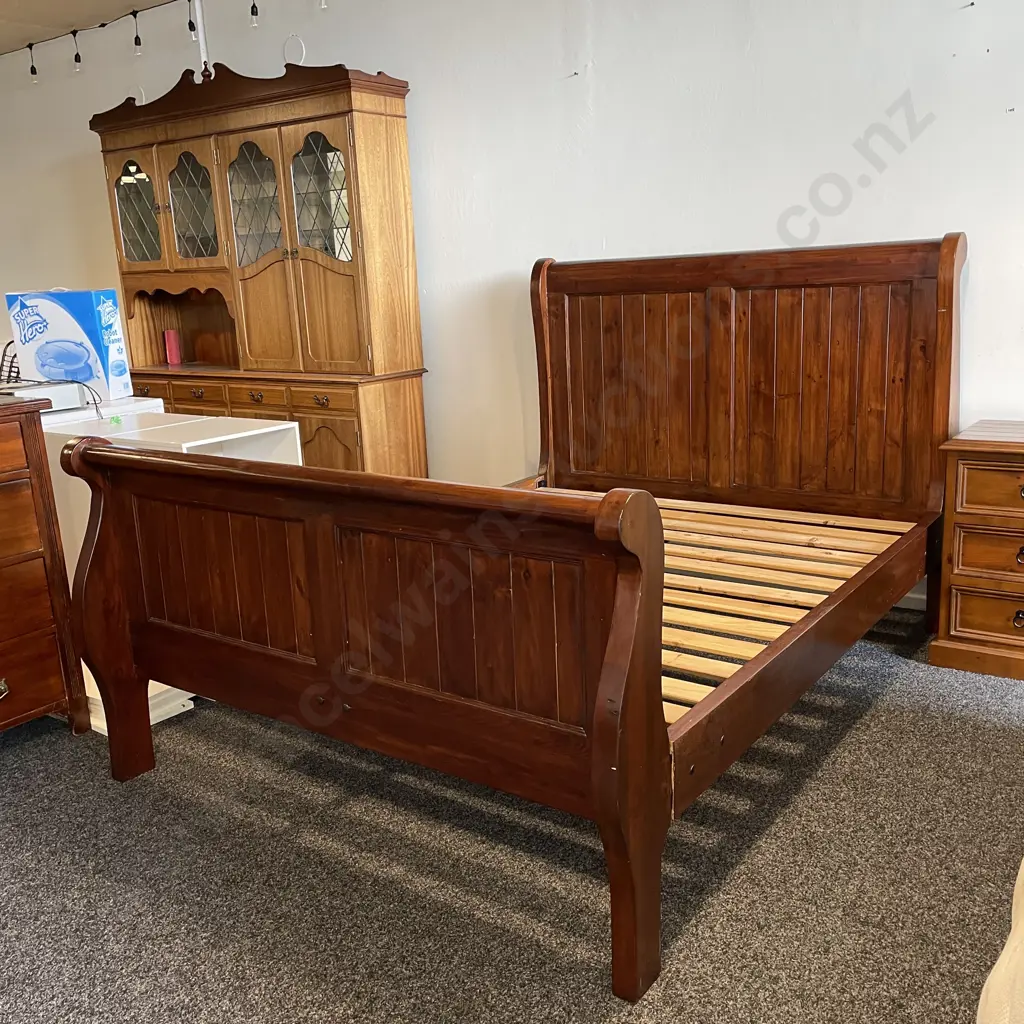 Solid Wood Queen Slat Base Sleigh Bed. Comes with King Coil Mattress Image 1++