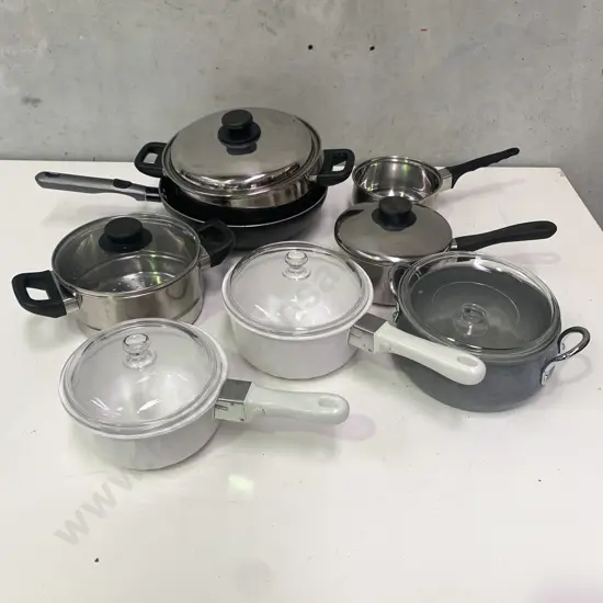 Assorted Stainless Pots with Nonstick Wok and 2 Acroflan Lidded Pots
