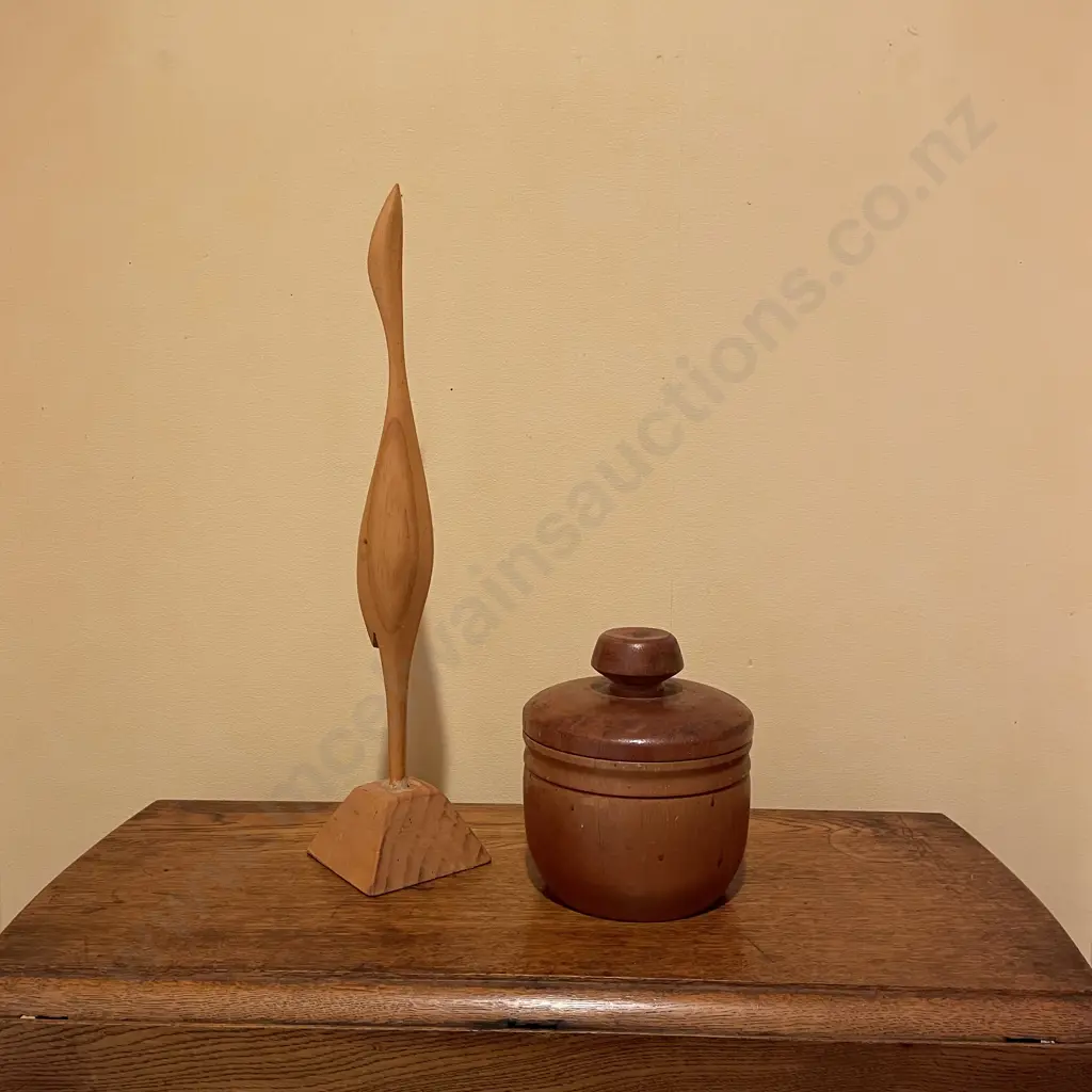 Mid Century Carved Heron with Lidded Wooden Canister Image 1++