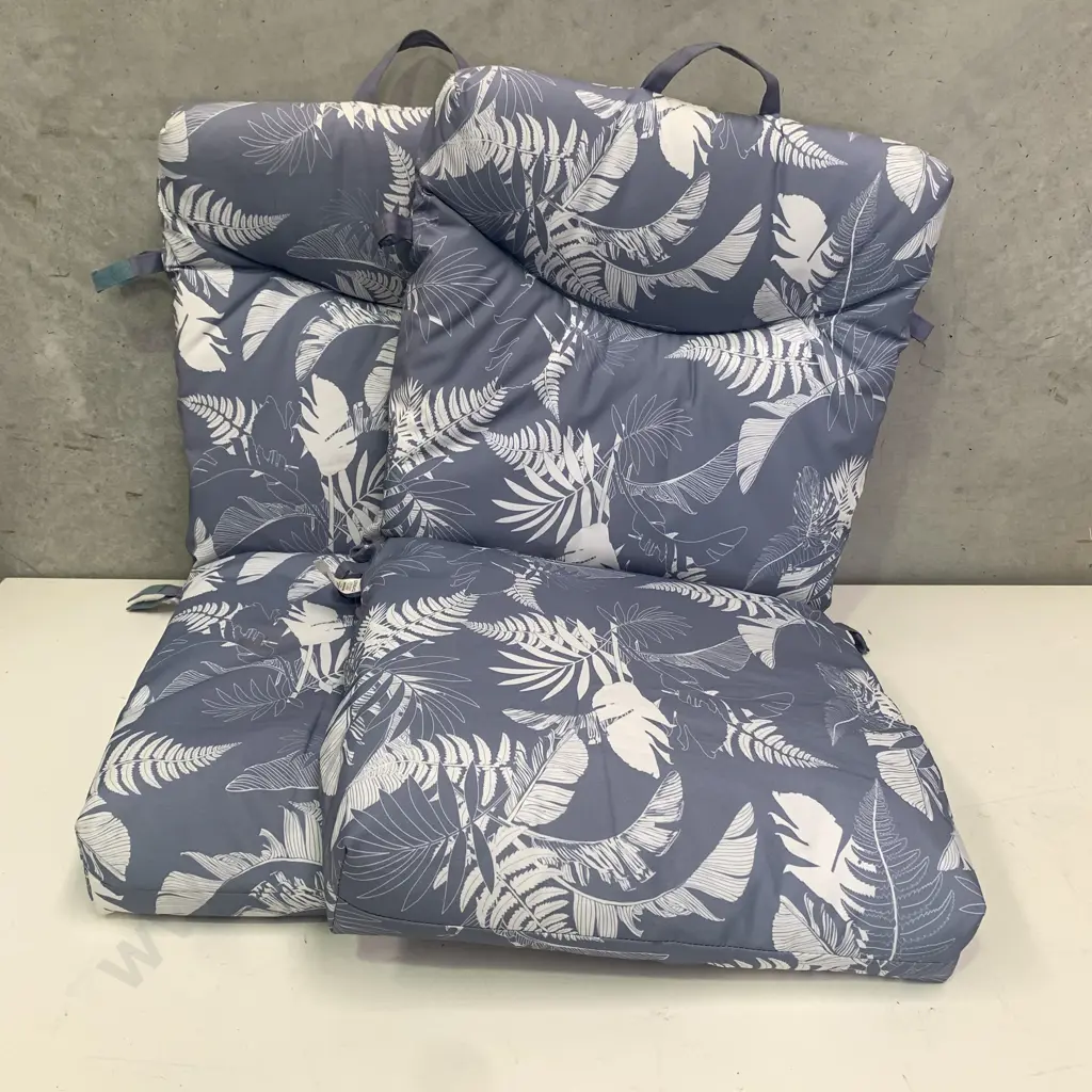 Pair of Living and Co Padded Outdoor Chair Squabs. With ties. Grey/Blue and white floral pattern Image 1++