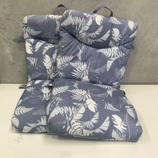 Pair of Living and Co Padded Outdoor Chair Squabs. With ties. Grey/Blue and white floral pattern