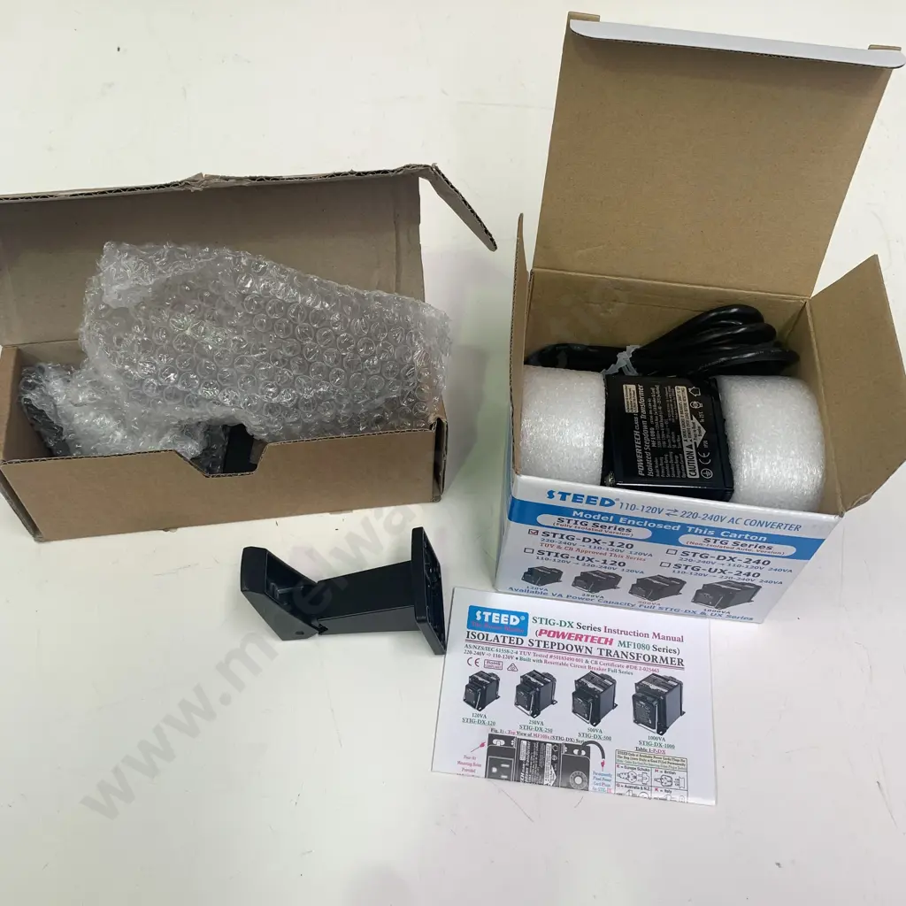As New STIG-DX-129 110-120V to 220-240V Power Converter with Pair of As-New Steadfast Door Stops Floor Mount Image 1++