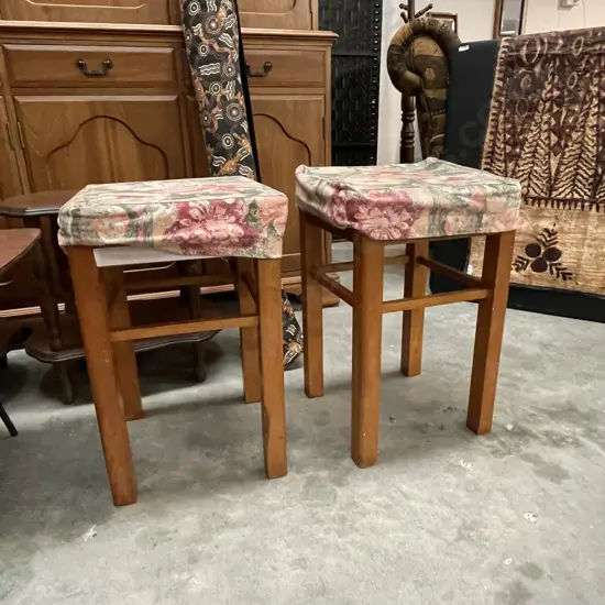 Two Vintage Retro Wooden Stools with fabric foam seats