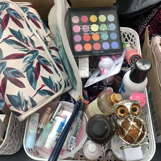 White Basket with Large assortment of Makeup/Perfumes etc