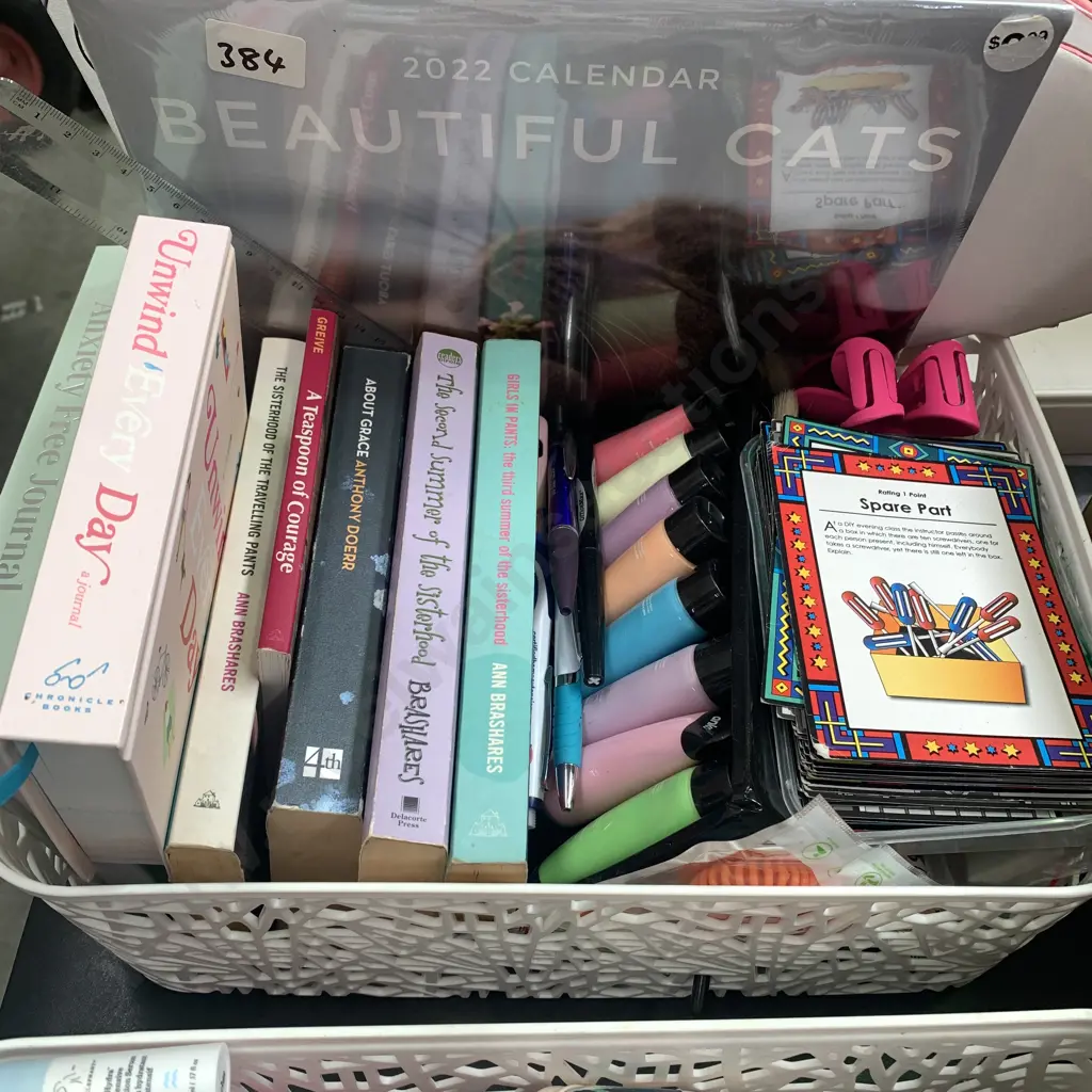 White Basket with Assorted Books, stationary, Games etc Image 1++