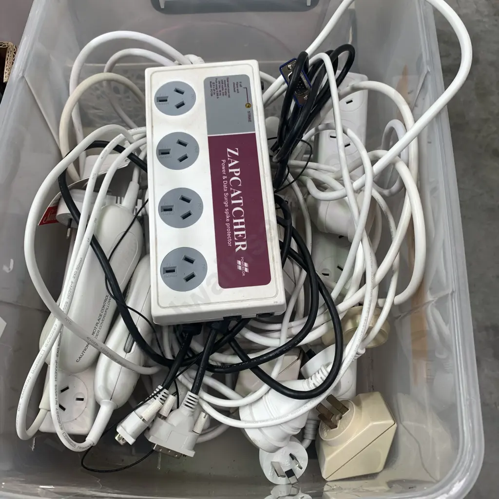 Plastic Box of assorted extension cords, multiboxes, timers etc Image 1++