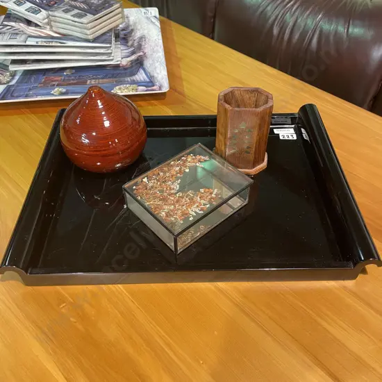 (Black Lacquered Tray, Brass Detail Pen Pot, Wooden Vase and Pressed Leaf Trinket Box) - added to t143-121