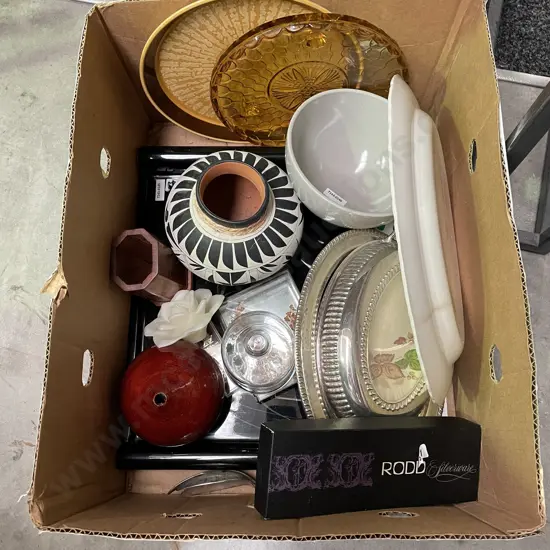 Box of assorted incl Selection of Rodd Cutlery Silverware, pottery, bric-a-brac etc