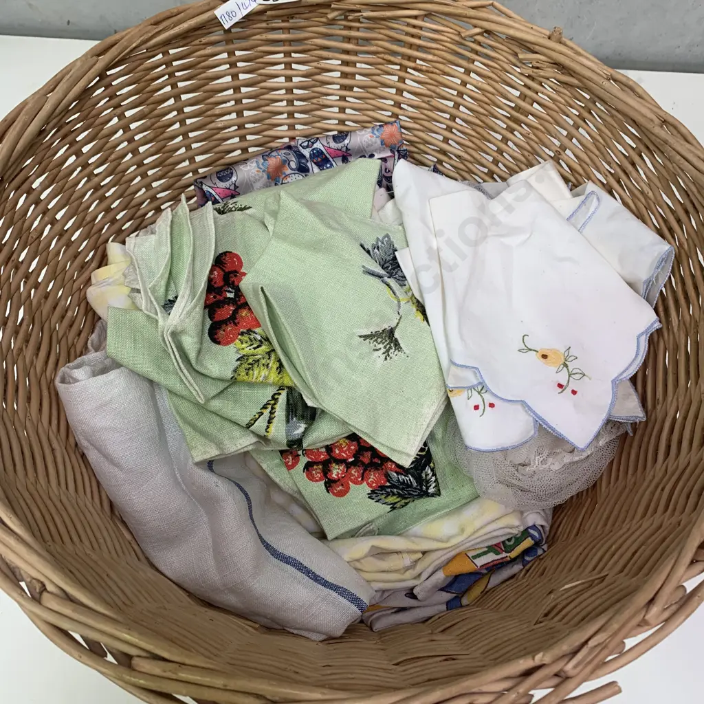 Assortment of Vintage Linen in Basket Image 1++