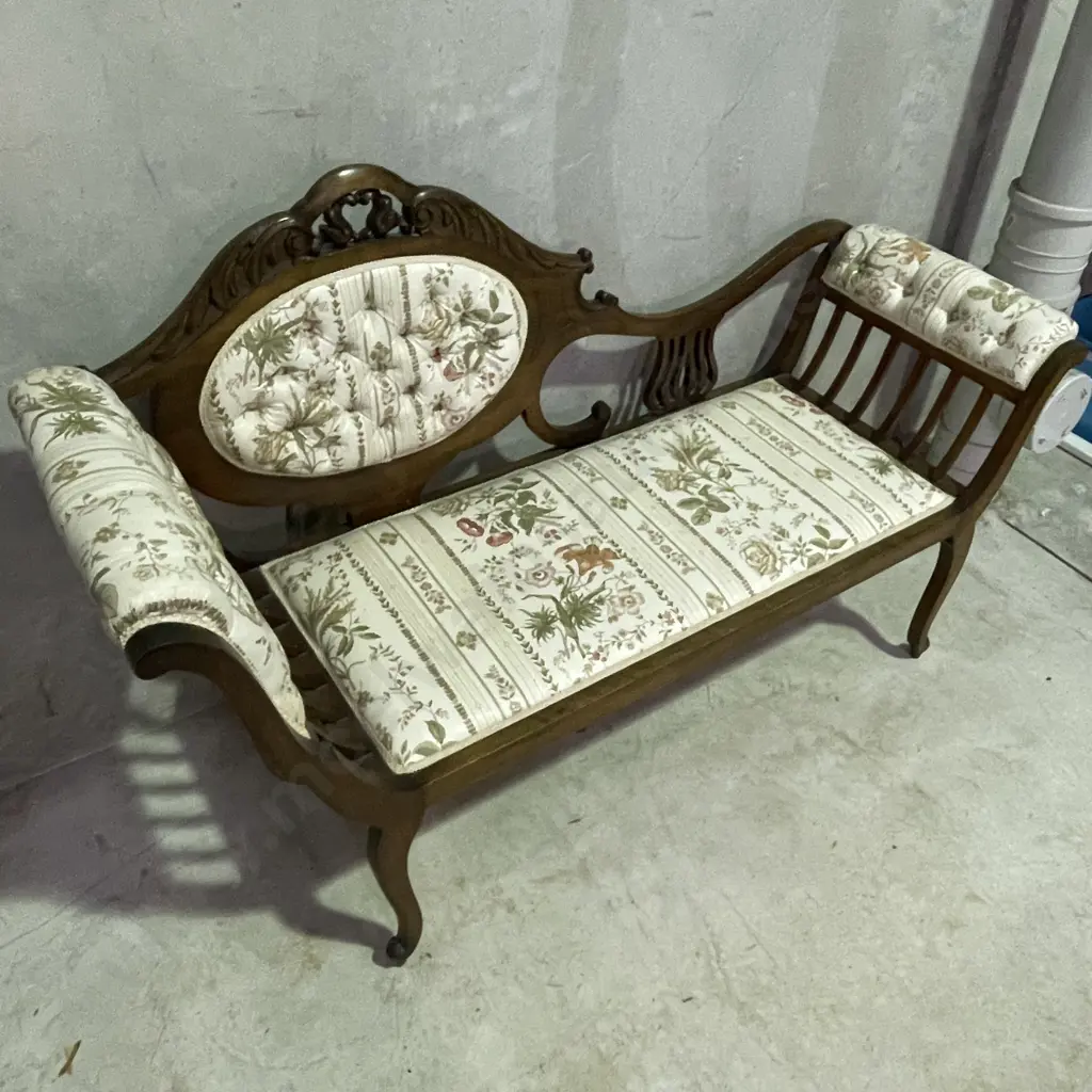 Antique French Walnut? Parlour Sofa/Chaise. Button back upholstery. Excellent condition. W146 H93 D41cm Image 1++