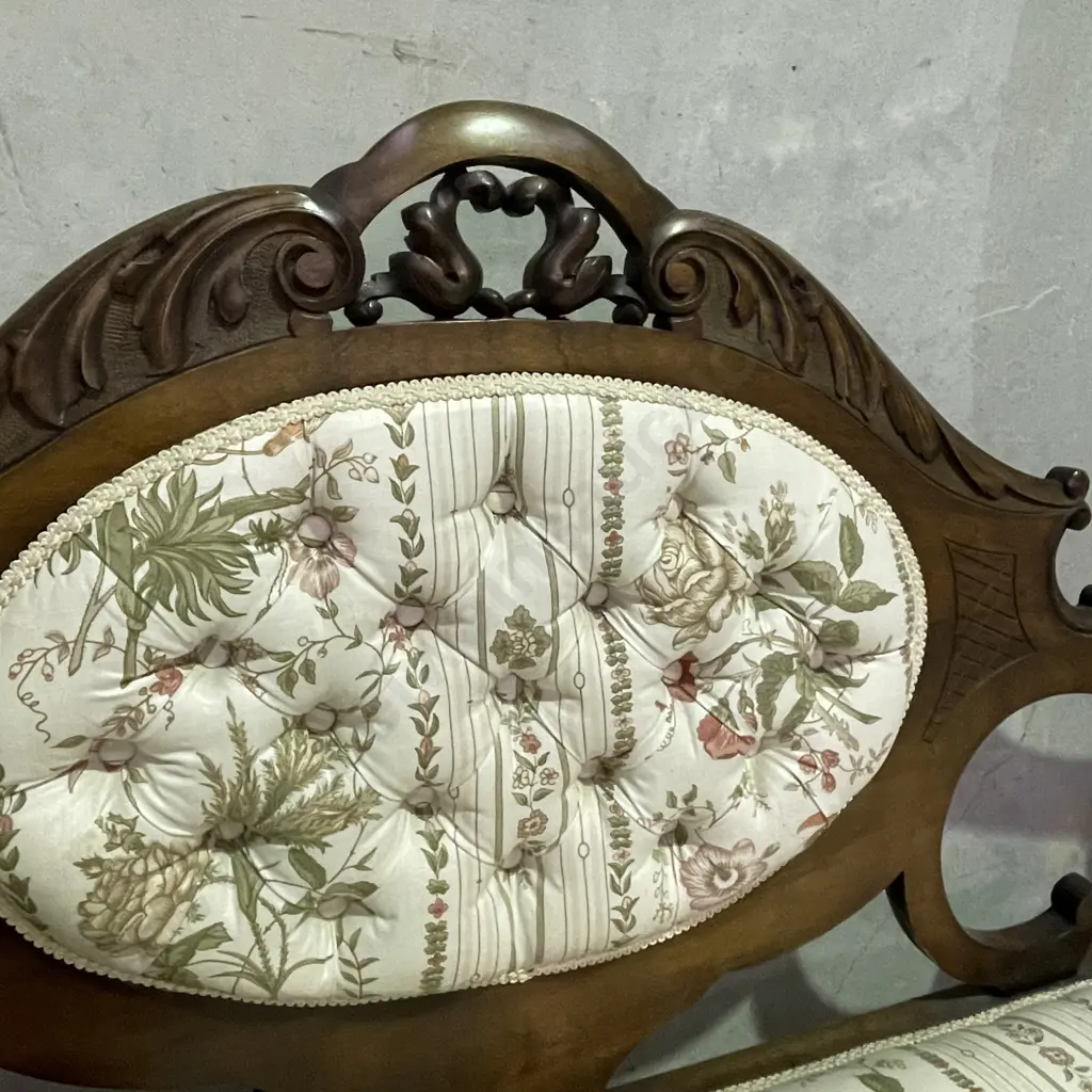 Antique French Walnut? Parlour Sofa/Chaise. Button back upholstery. Excellent condition. W146 H93 D41cm Image 1++
