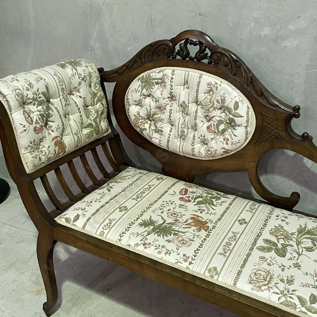Antique French Walnut? Parlour Sofa/Chaise. Button back upholstery. Excellent condition. W146 H93 D41cm Image 1++