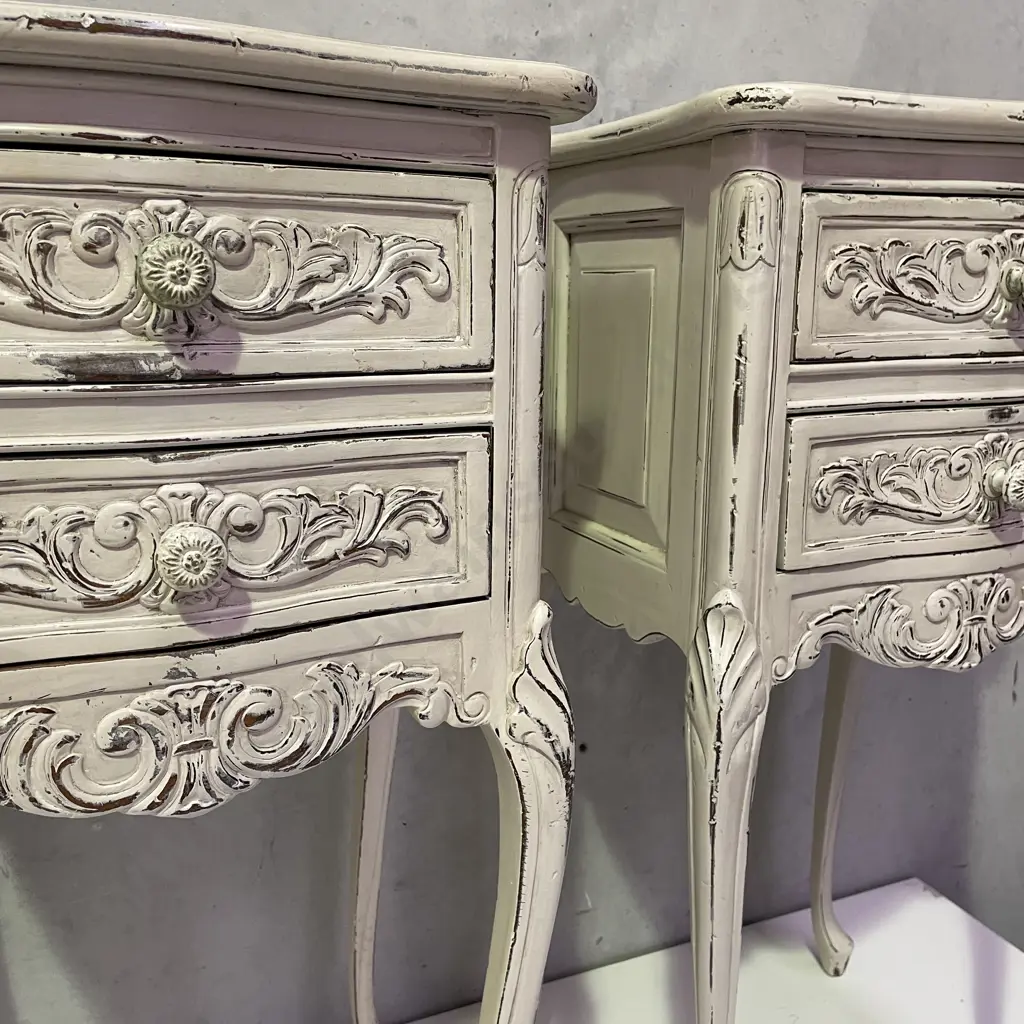 Pair French Style 2 drawer bedside cabinets. Ivory painted and ornately carved. H74 W36 D30cm Image 1++