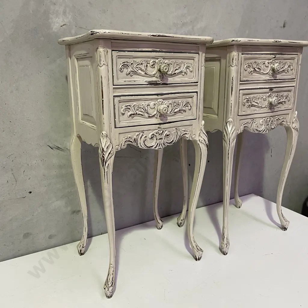 Pair French Style 2 drawer bedside cabinets. Ivory painted and ornately carved. H74 W36 D30cm Image 1++