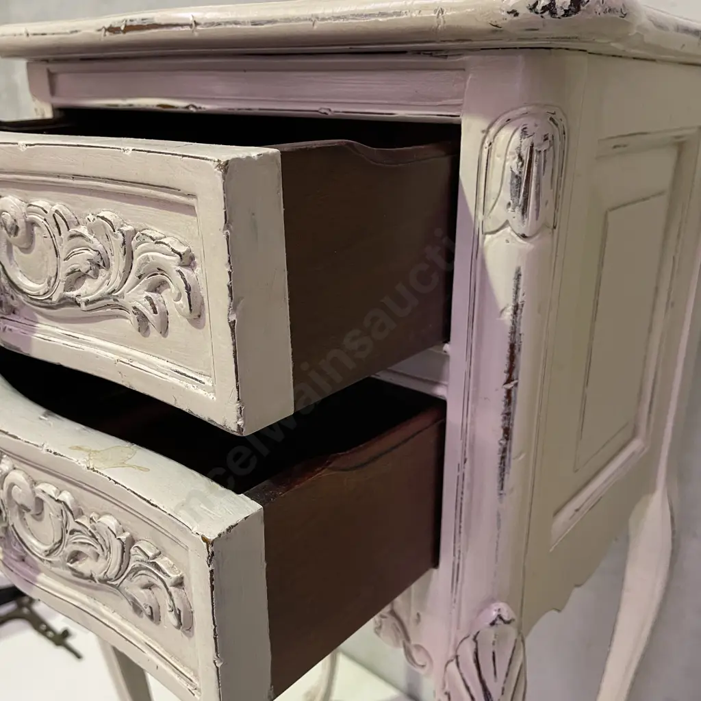 Pair French Style 2 drawer bedside cabinets. Ivory painted and ornately carved. H74 W36 D30cm Image 1++