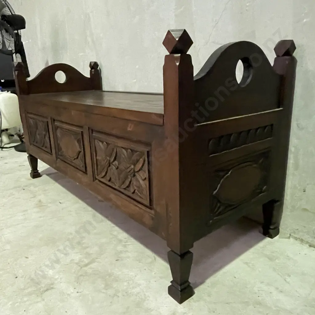 Antique Carved Solid Wood Monks Bench Seat/Chest. W128 H67 D50 Image 1++