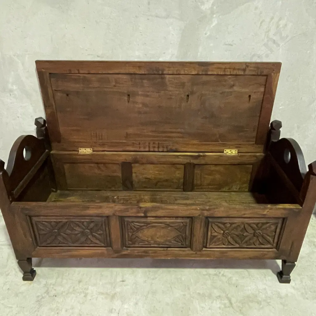 Antique Carved Solid Wood Monks Bench Seat/Chest. W128 H67 D50 Image 1++