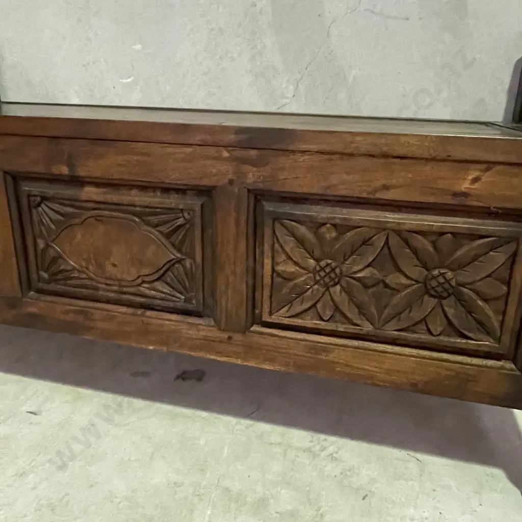 Antique Carved Solid Wood Monks Bench Seat/Chest. W128 H67 D50 Image 1++
