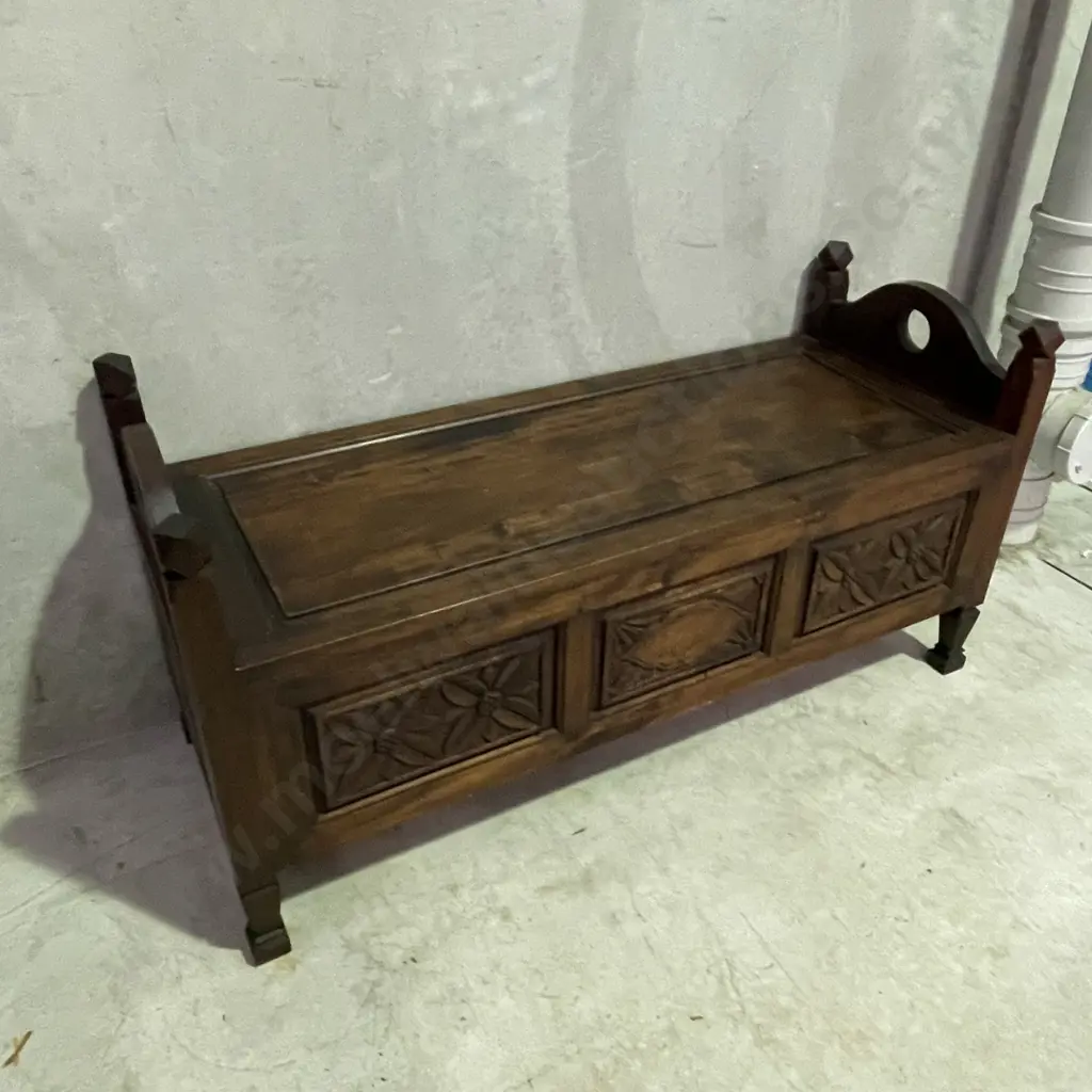 Antique Carved Solid Wood Monks Bench Seat/Chest. W128 H67 D50 Image 1++