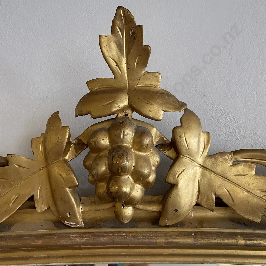 Large 19th Century Antique Gilt Overmantel Mirror. Carved wood and gilded base & top with Grapes and Leaves. H146 W132cm Image 1++