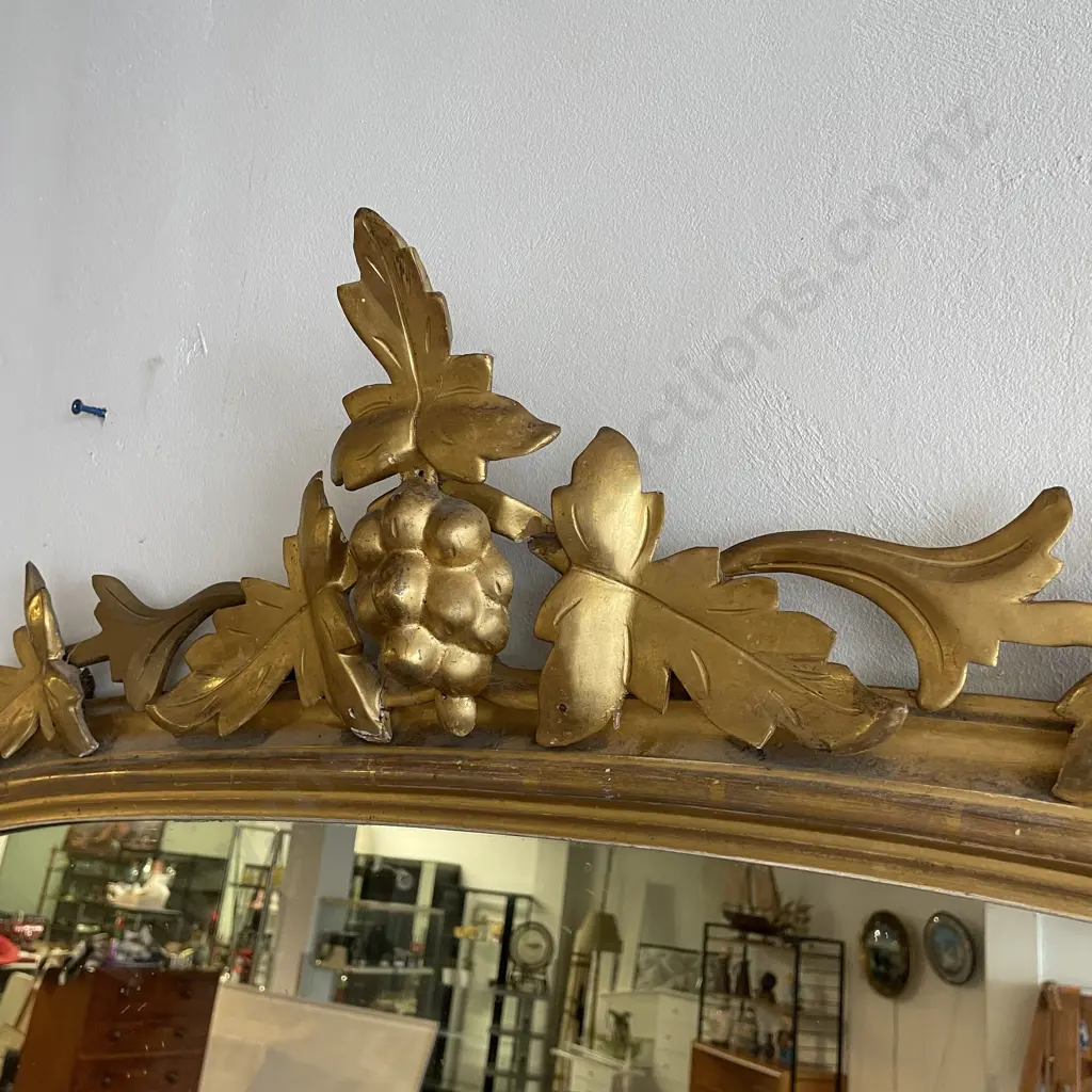 Large 19th Century Antique Gilt Overmantel Mirror. Carved wood and gilded base & top with Grapes and Leaves. H146 W132cm Image 1++