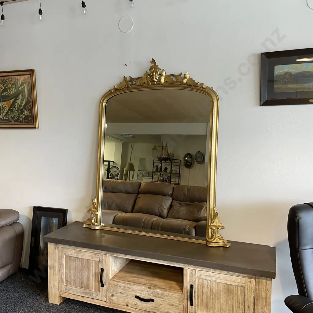 Large 19th Century Antique Gilt Overmantel Mirror. Carved wood and gilded base & top with Grapes and Leaves. H146 W132cm Image 1++