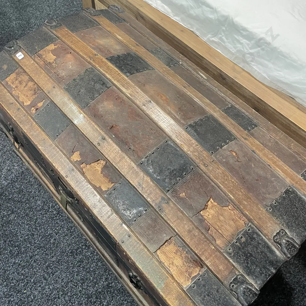 Large Vintage Wooden Chest with metal, brass and leather detail. H57cm W88cm D50cm Image 1++