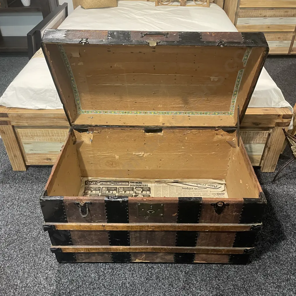 Large Vintage Wooden Chest with metal, brass and leather detail. H57cm W88cm D50cm Image 1++