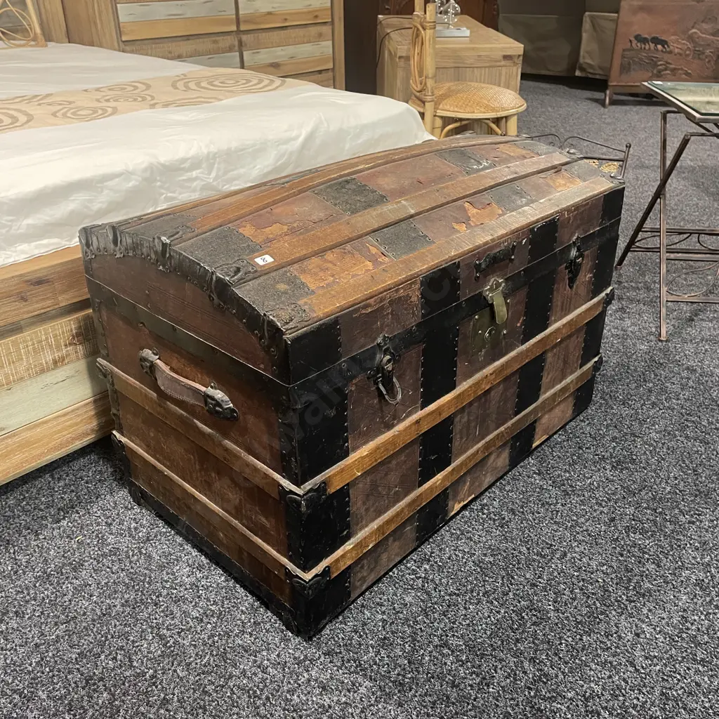 Large Vintage Wooden Chest with metal, brass and leather detail. H57cm W88cm D50cm Image 1++