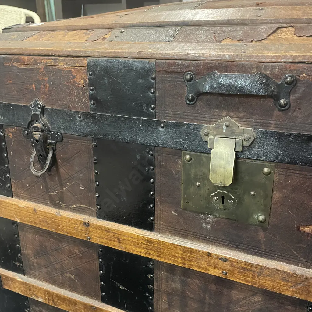 Large Vintage Wooden Chest with metal, brass and leather detail. H57cm W88cm D50cm Image 1++