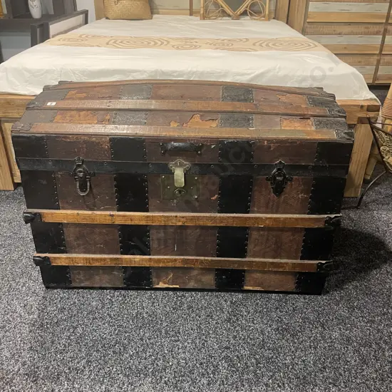 Large Vintage Wooden Chest with metal, brass and leather detail. H57cm W88cm D50cm