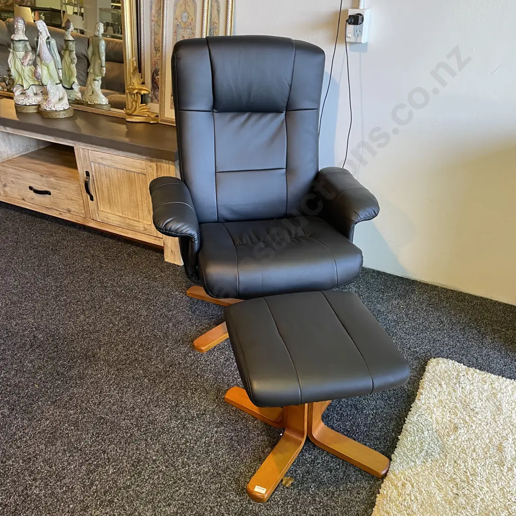 Black Leatherette Swivel Armchair with Footstool, Wooden Base Image 1++