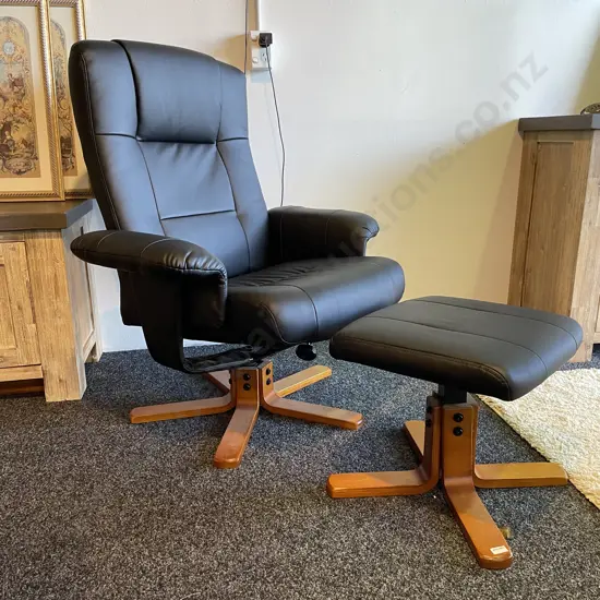 Black Leatherette Swivel Armchair with Footstool, Wooden Base