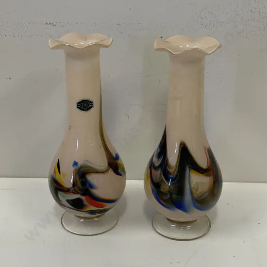 Pair Snowflakes Art Glass Vases with ruffled top H22cm