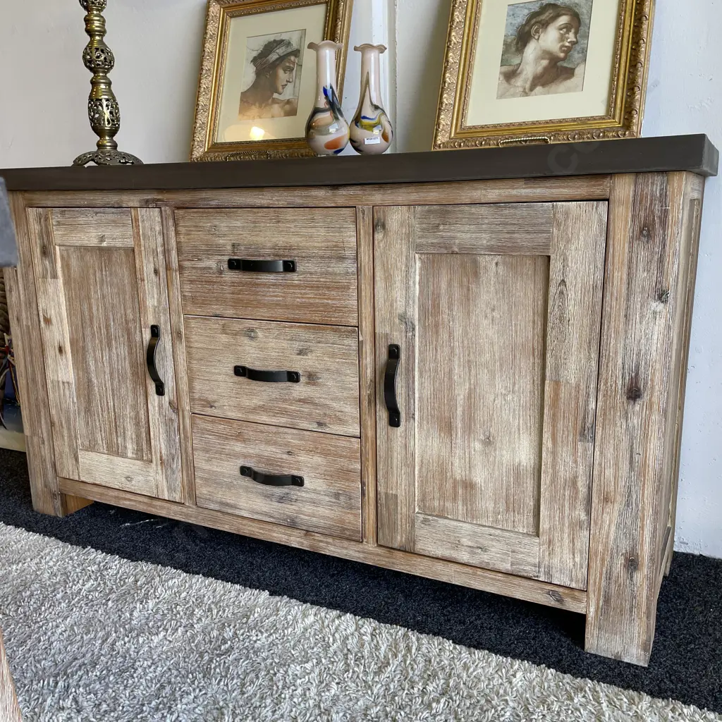 Modernist Rustic Blonde Washed Solid Wood Buffet with Solid Polished Concrete top. Image 1++