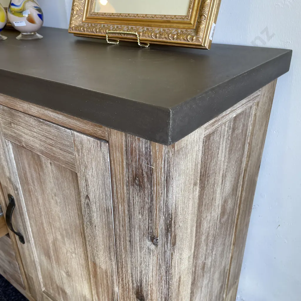 Modernist Rustic Blonde Washed Solid Wood Buffet with Solid Polished Concrete top. Image 1++