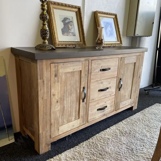 Modernist Rustic Blonde Washed Solid Wood Buffet with Solid Polished Concrete top.