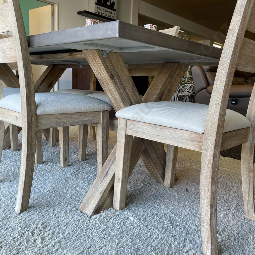 Modernist 7 Piece Dining Suite. Rustic Blonde washed solid wood chairs with cream fabric seats. Image 1++