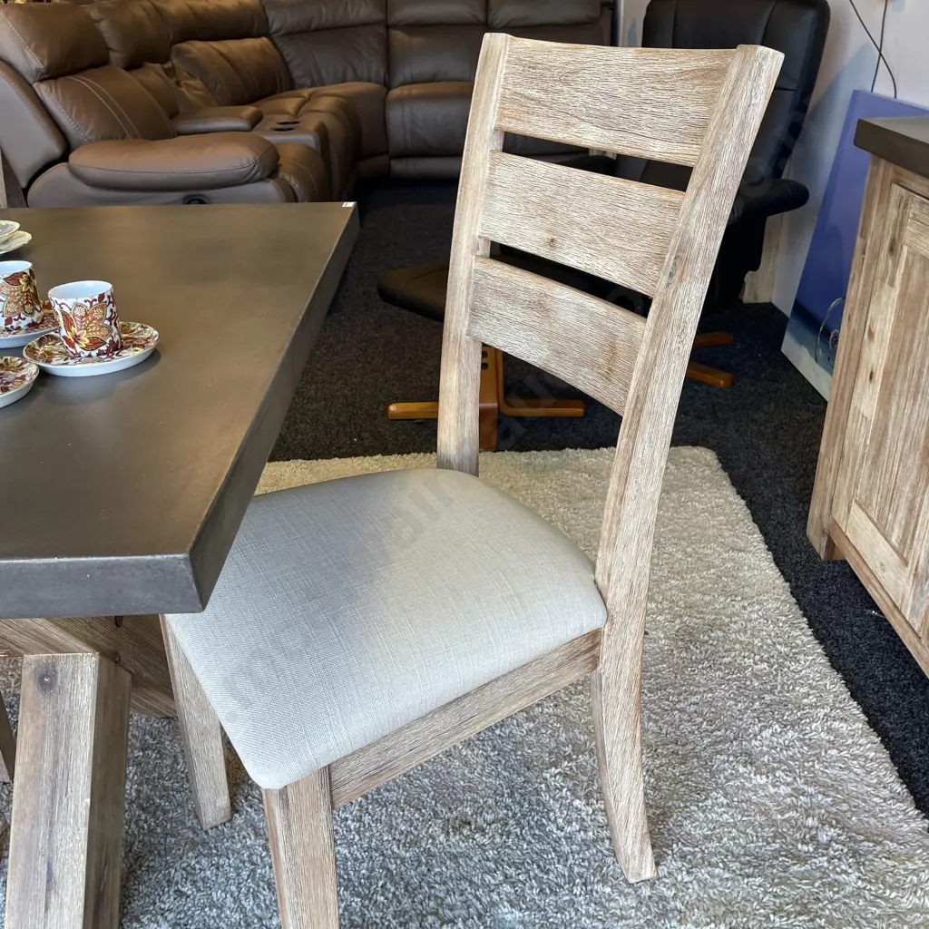 Modernist 7 Piece Dining Suite. Rustic Blonde washed solid wood chairs with cream fabric seats. Image 1++