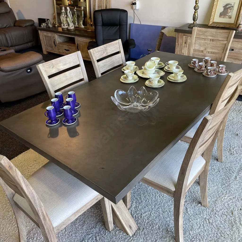 Modernist 7 Piece Dining Suite. Rustic Blonde washed solid wood chairs with cream fabric seats. Image 1++