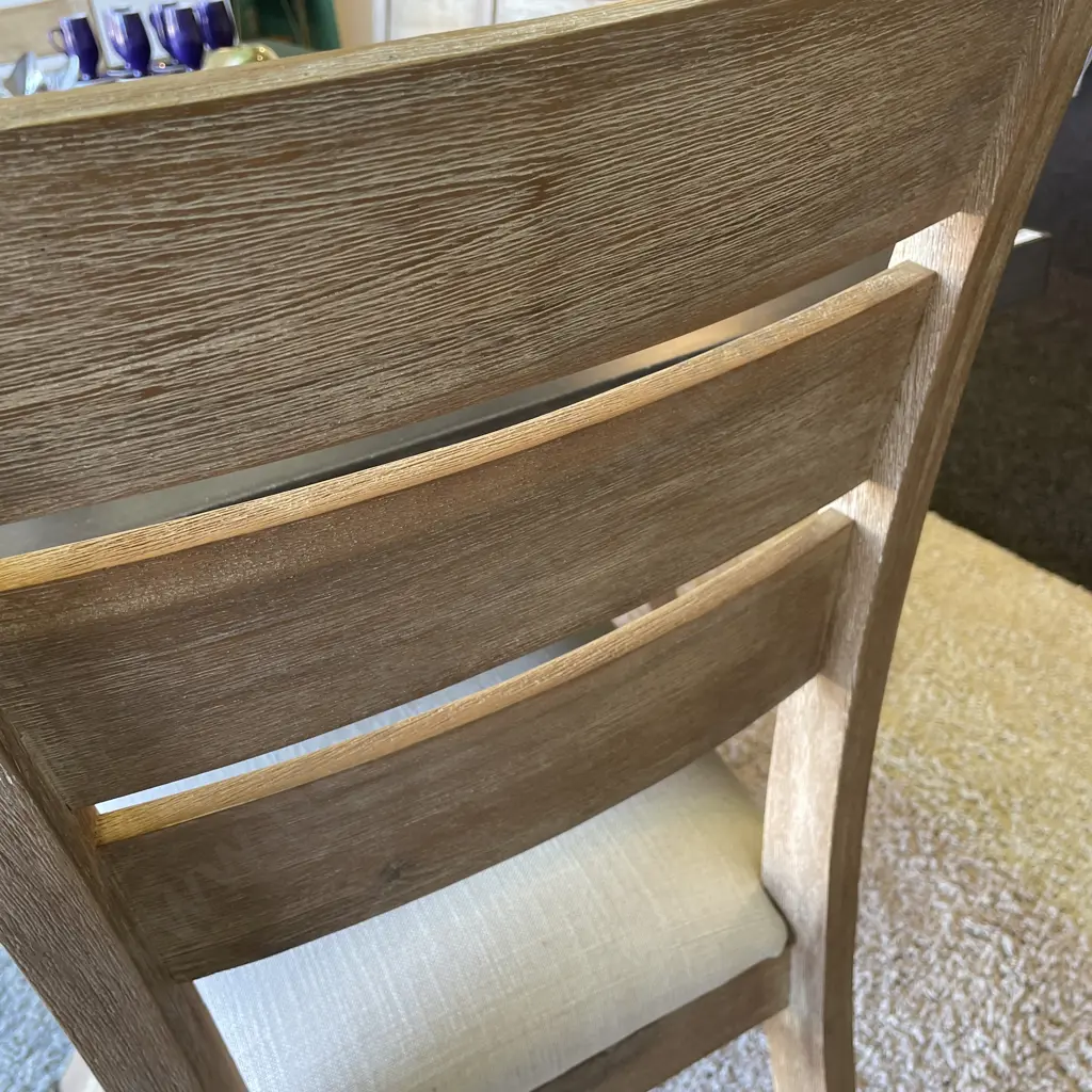 Modernist 7 Piece Dining Suite. Rustic Blonde washed solid wood chairs with cream fabric seats. Image 1++