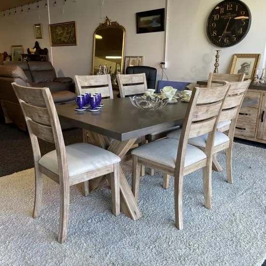Modernist 7 Piece Dining Suite. Rustic Blonde washed solid wood chairs with cream fabric seats.